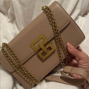 Taupe Chain Shoulder Bag with Gold Hardware